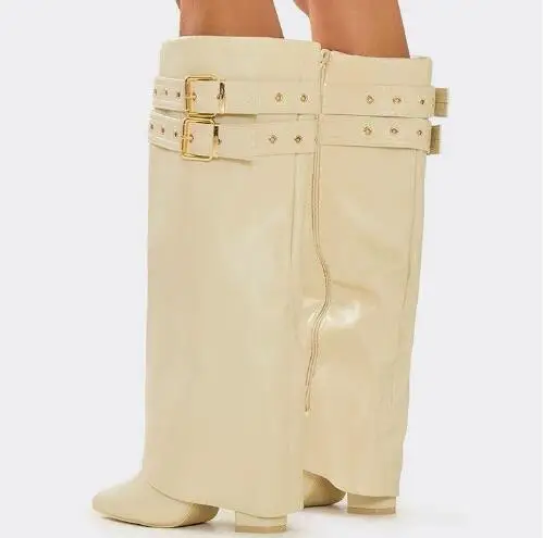 

Winter Women Beige Black Solid Leather Double Belt Buckle Pointed Toe Square Heels Zipper Side Knee High Boots Lady Modern Boots