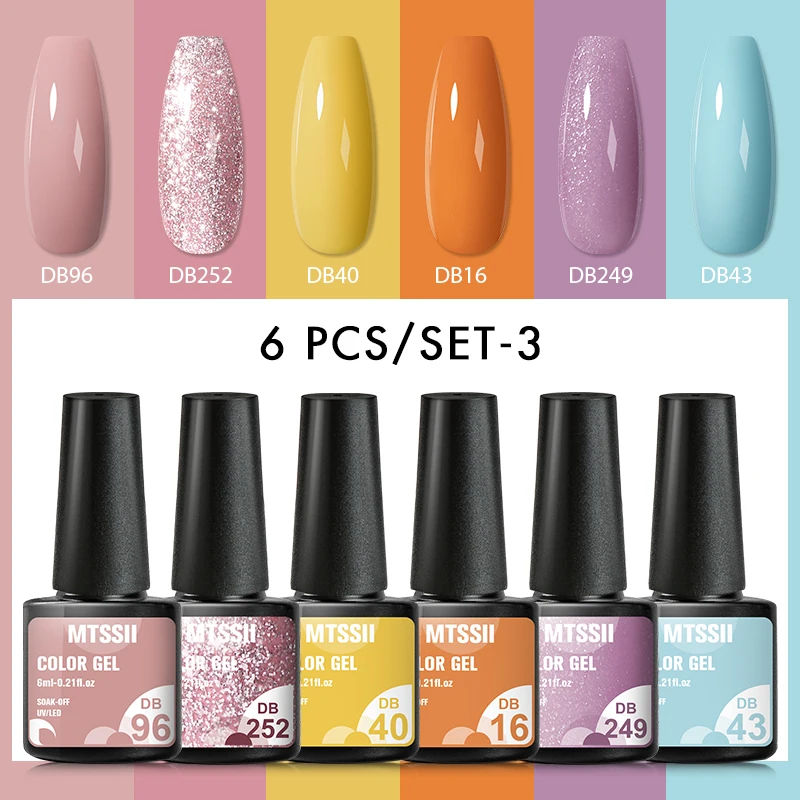 Mtssii 6pcs/set Kleur Gel Nagellak Glitter Pailletten Semi Permanente Soak Off LED UV Gel Varnish Nail Art Kit Base Gel Top Coat