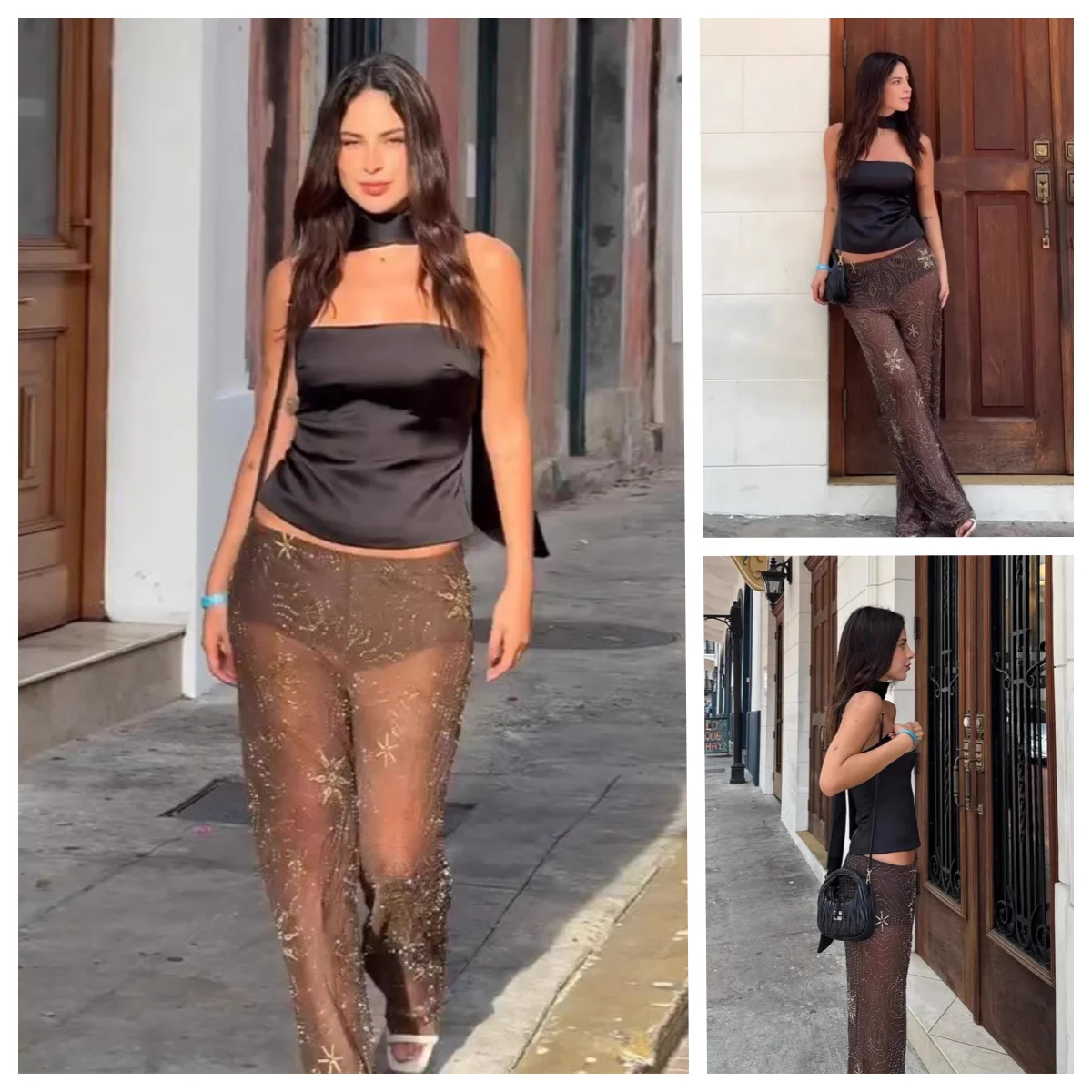 Sexy Chic Women Transparent Pants Sequins Straight Wide Trousers 2025 Female Summer Loose Holiday Party Trousers Lady Streetwear