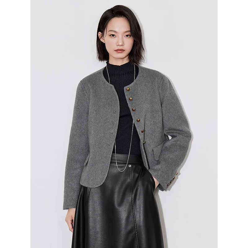 TOYOUTH Women Woolen Coat 2024 Autumn Winter New Sheep Long Sleeve Round Neck Single Breasted Button Wool Jacket Coat Gray