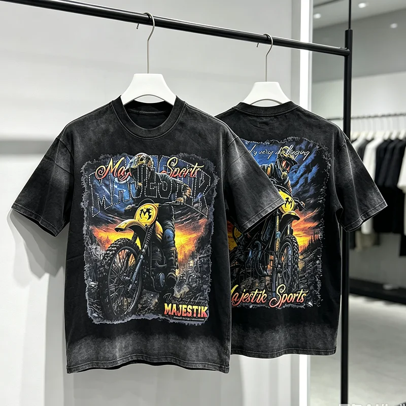 New MAJESTIK Unisex T-Shirt Offroad Motocross Vintage Print Rhinestone Short Sleeve Streetwear Tee