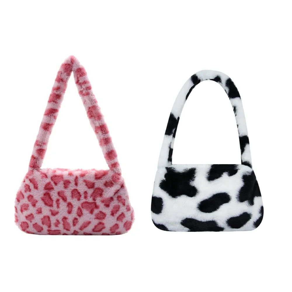 1Pc Fashion Women Cow Print Mini Shoulder Bag Women Winter Plush Armpit Bag Leopard Zebra Pattern Fluffy Tote Bag Small Purse