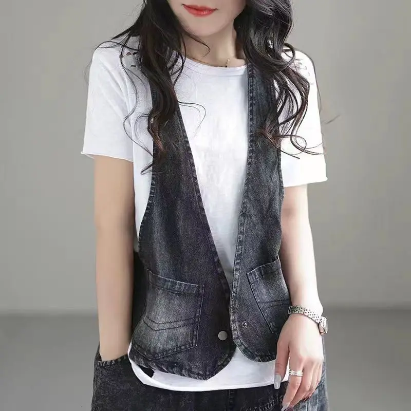 Women Vest Waistcot Vintage Denim Vest V-neck Streetwear Women Clothes Tops Sleeveless Jackets Cardigans Blue Black Tank New