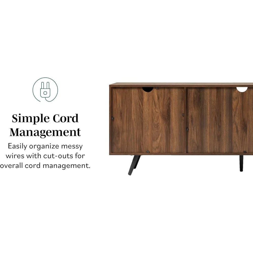 Suporte de TV Saxon Mid Century moderno com prateleira de vidro de 2 portas para TVs de até 80 polegadas, 70 polegadas, nogueira escura