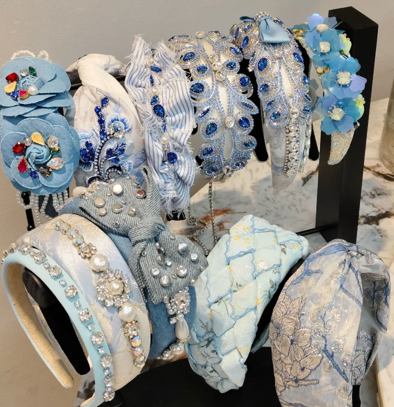 Handgefertigte Cowboy-Haarbänder mit blauen Kristalldiamanten, hochwertiger Schwamm-Haarreif, Haarspangen, Haaraccessoires und Kopfbedeckungen