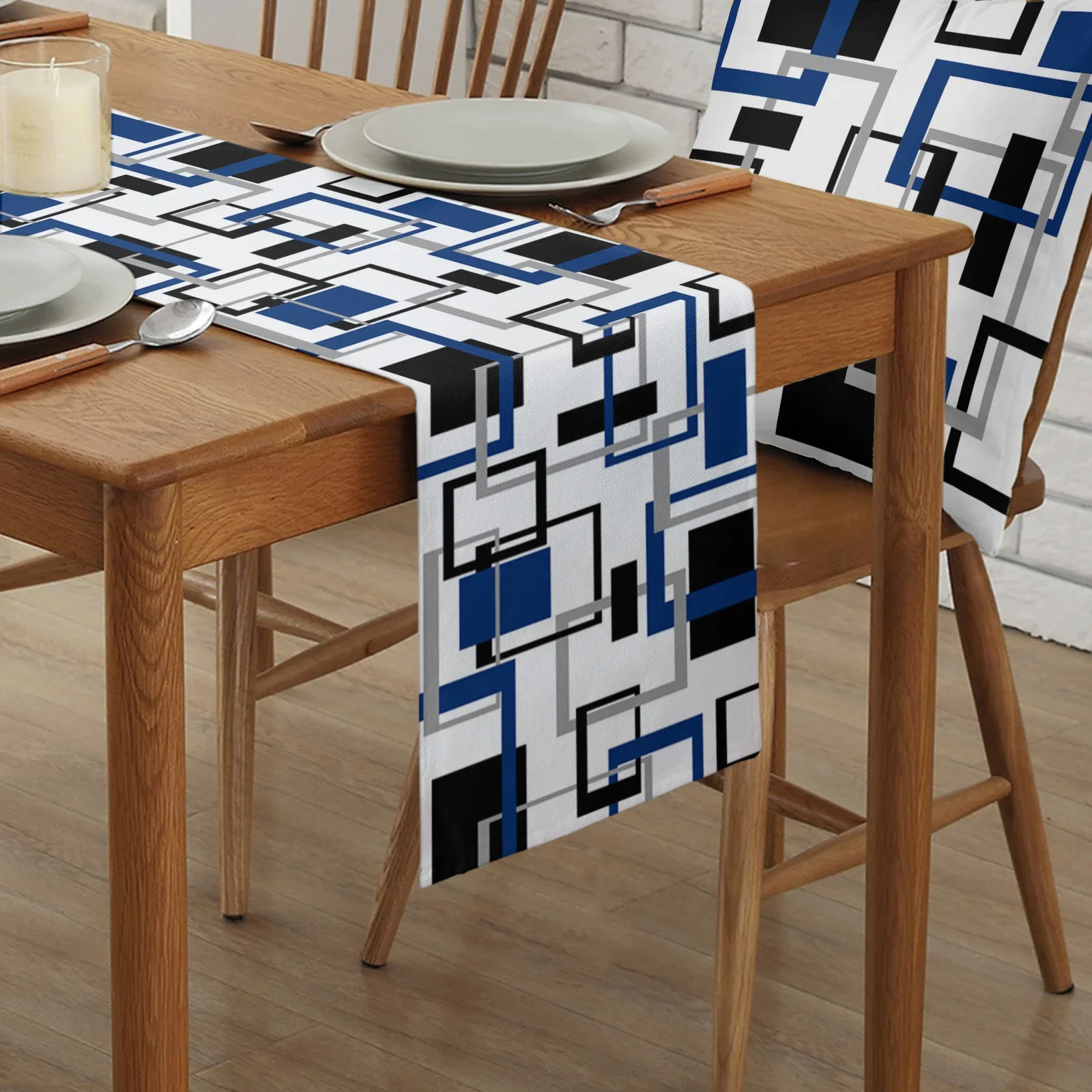 Abstract Geometry Square Modern Art Black Blue Linen Table Runners Kitchen Table Decoration Dining Table Wedding Party Supplies