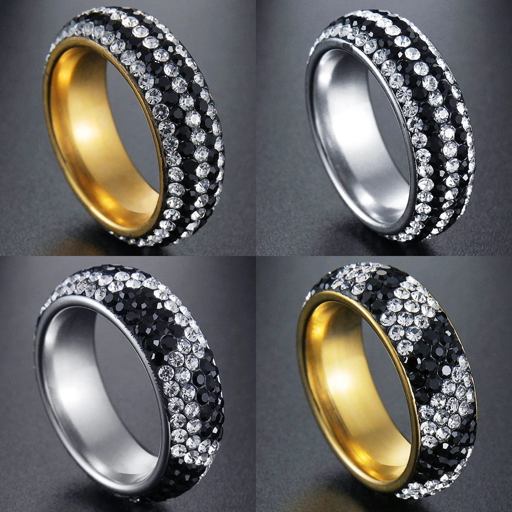 Gold and Silver Color 5 Row Lines Clear Crystal Wedding Rings For Women Fashion Rhinestone Stainless Steel Engagement Jewelry