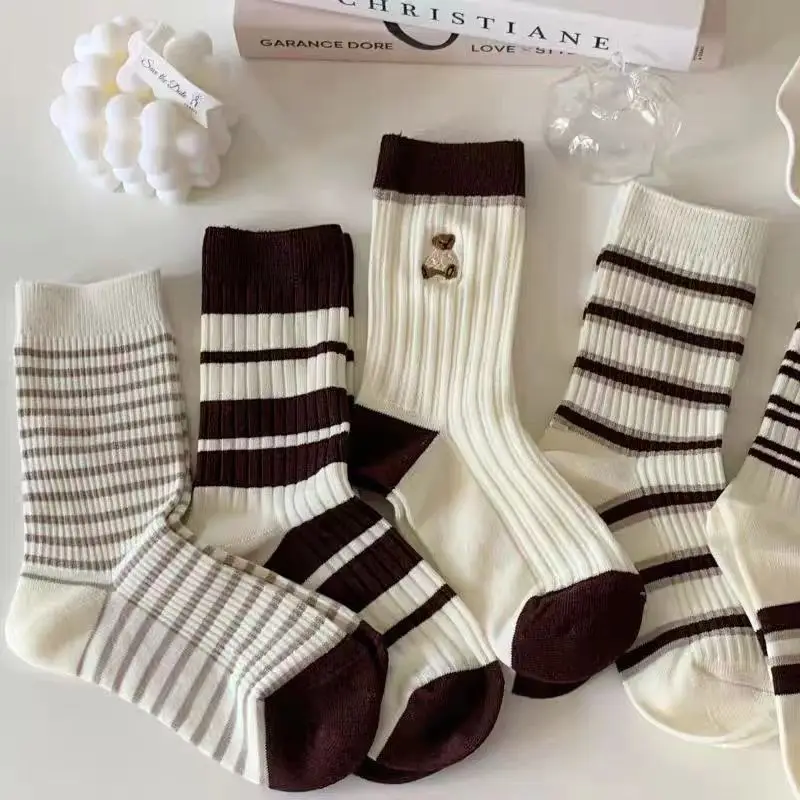 

5 пар женских носков, удобные мягкие хлопковые носки с японскими героями мультфильмов, милые универсальные носки средней длины с вышивкой в полоску медведя