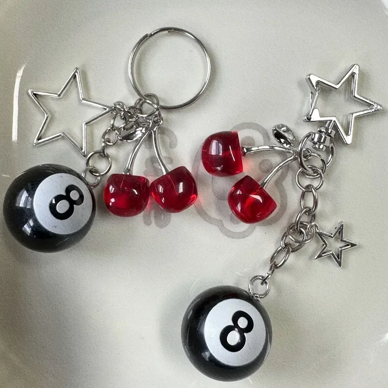 Creative 8 Ball Fruit Cherry Star Keychain Kawaii for Women Y2K Handmade Key Strap Wallet Keyrings Bag Pendant Accessories