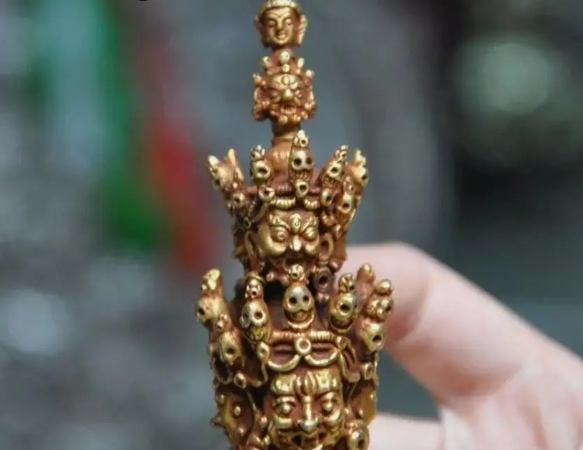 Old Tibet bronze 24K gold gilt skull Mahakal Dorje Vajra Phurpa Dagger Talisman