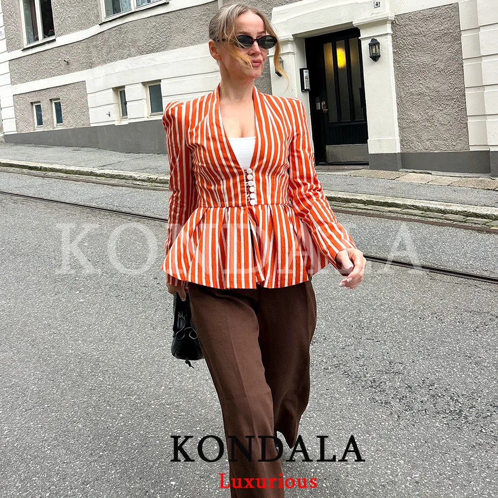 KONDALA Office Lady Casual Chic Women Blazer Striped V-Neck Button Long Sleeve Slim Blazer New Fashion 2026 Autumn Blazer