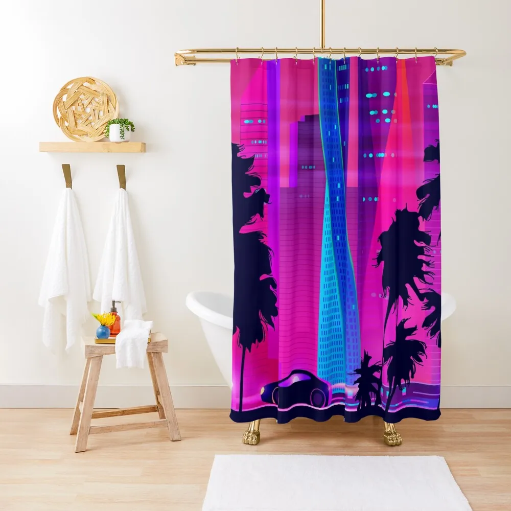 Synthwave Neon City: Miami Vice Shower Curtain Shower Bath Bathroom And Shower Curtain