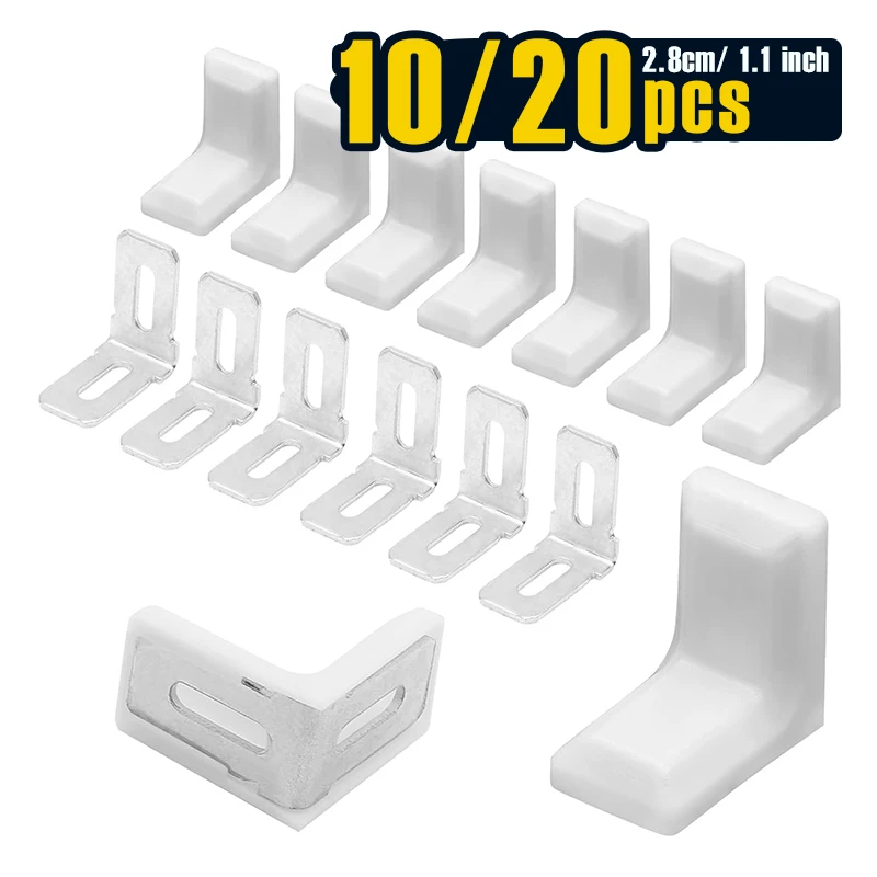 10/20PCS Metal Plastic L Shaped Angle Brackets, L Shape Cover Right Angle Corner Braces, White Brown Black for Furniture Support