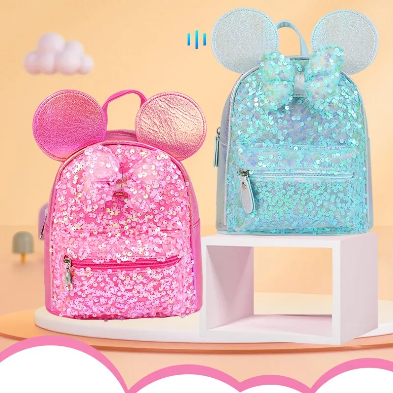 Disney Mickey Cartoon Backpack Personalized Cute Fashion Bow Sequined Bag Princess Girl Beautiful Lightweight Temperament Bag