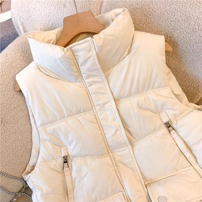 2024 New Women\'s Down Cotton Vest Korean Outerwear Cotton-padded Coat Winter Wear Sleeveless Stand Collar Puffer Jacket Outwear