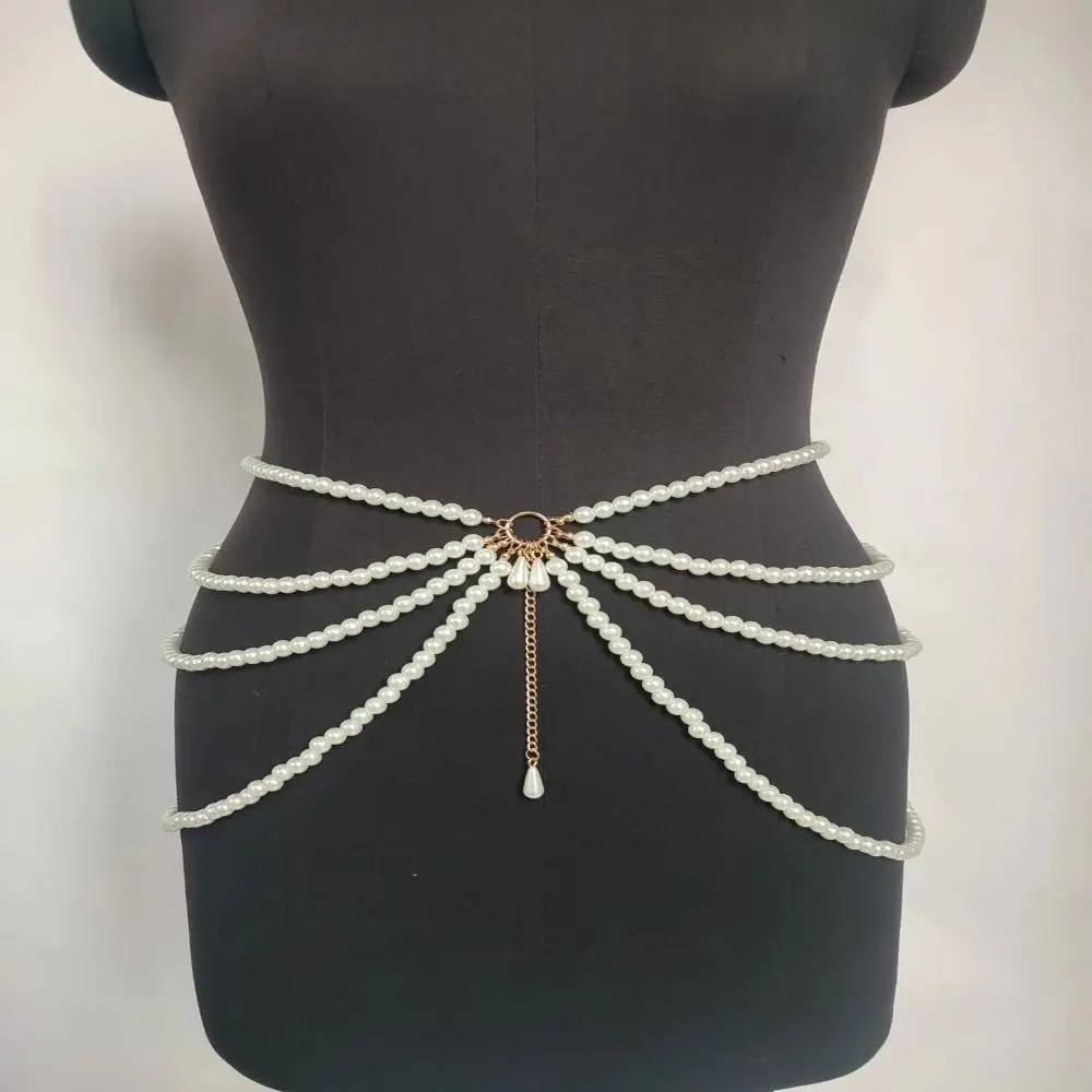Retro Y2K Waist Chain Multilayer Pearl Character Playing Body Accessories Tassel Women Belt Gift