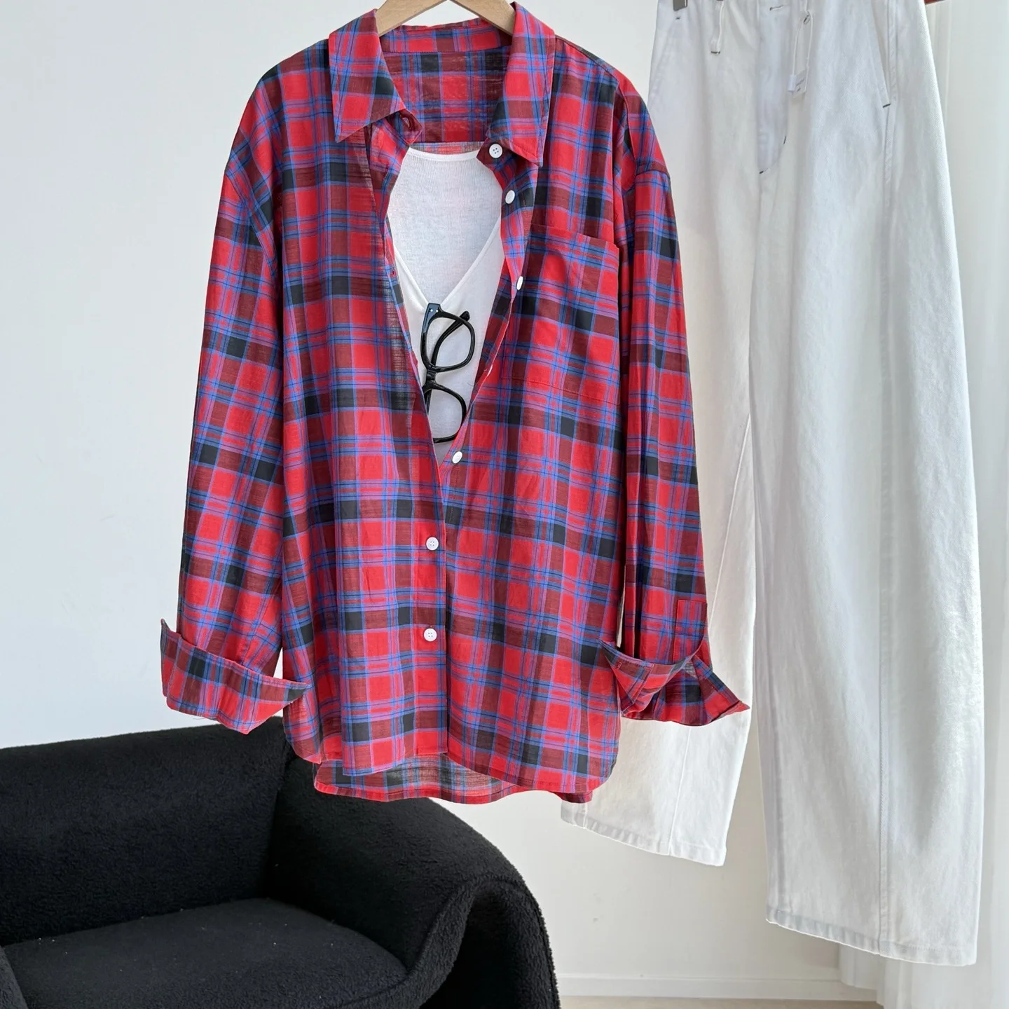 

Повседневная свободная рубашка в клетку из чистого хлопка с длинным рукавом для женщин, с узором из бамбукового волокна