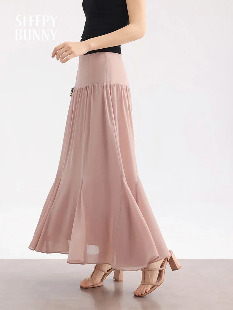 Chiffon A-Line Midi Skirt Women Summer High Waist Flowy Mesh Skirt Elegant Draped Fairy Style Lightweight Slim Fit Petite Bottom