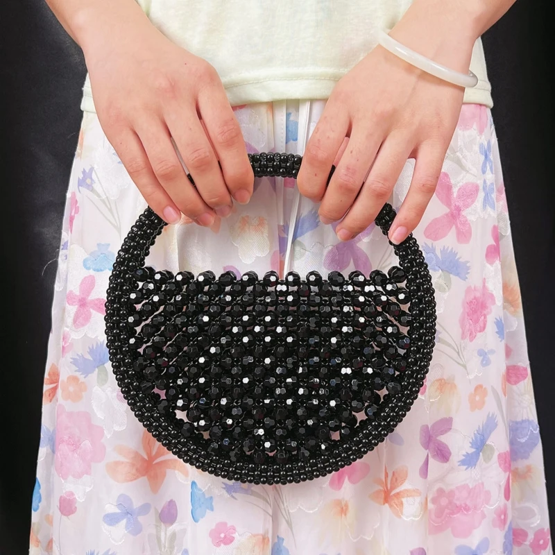 

Fashion Hollow Handmade Black Acrylic Beads Woven Handbag Half-Round String Beads Pearl Bag Female Party Small Handbag 2025