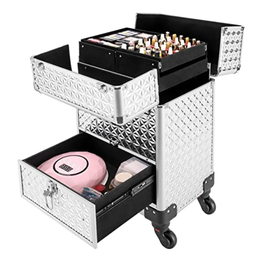 

Professional Makeup Rolling Case with Universal Wheels for Nail Technicians and Hairstylists Silver Portable Adjustable Storage