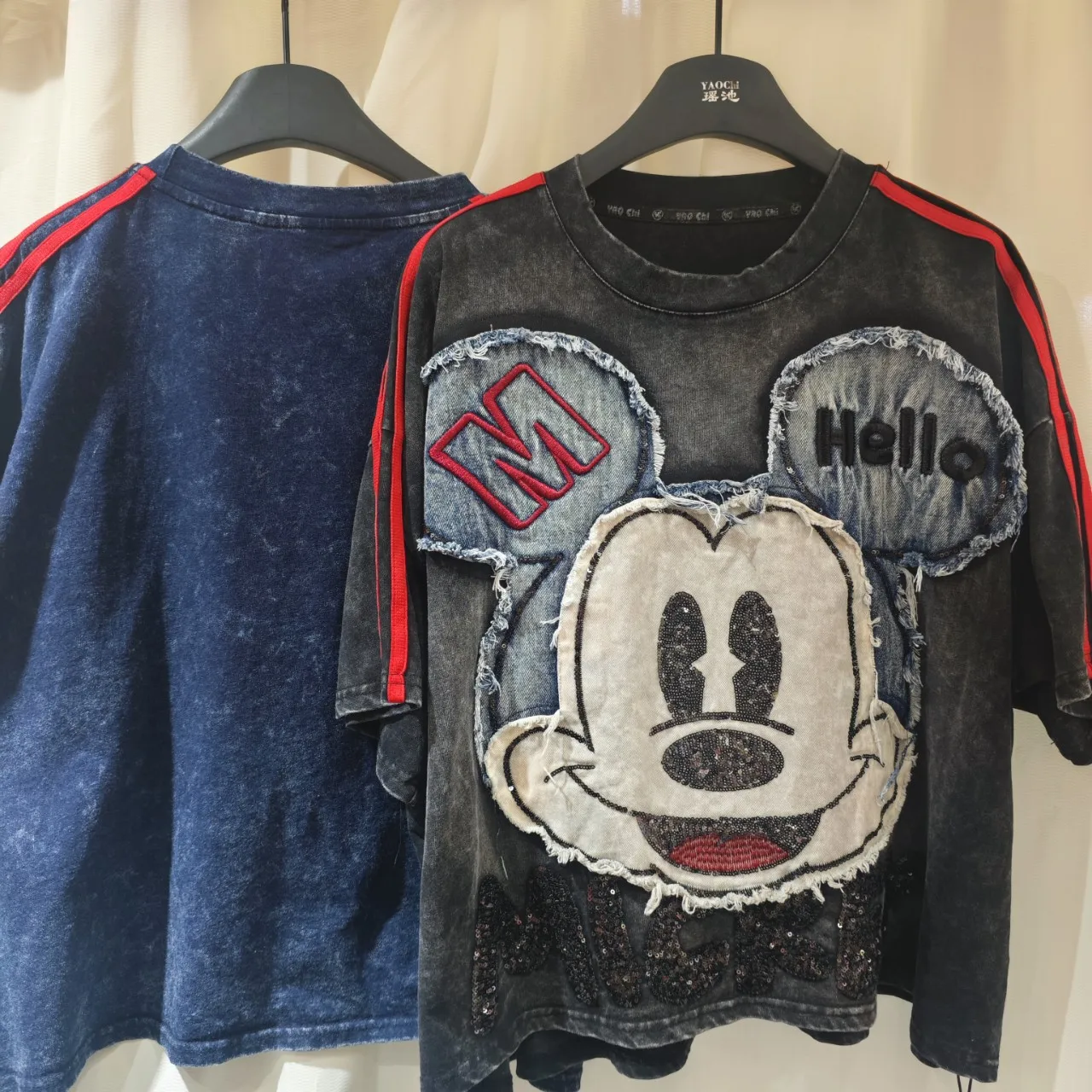 

Винтажная свободная футболка с коротким рукавом в американском стиле, женские модные новые весенне-летние джинсовые хлопковые топы с вышивкой Микки и круглым вырезом