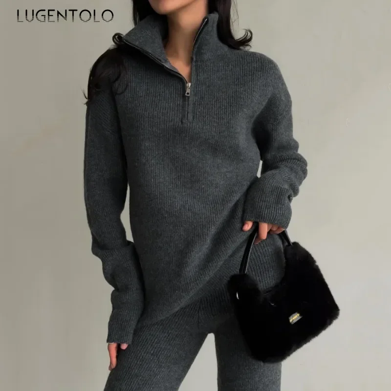 Women Sweater Two-Piece Set Fashion Thickened Knit Pullover Zip Polo Collar Tops Elastic Waist Wide Leg Pants Elegant Party Wear