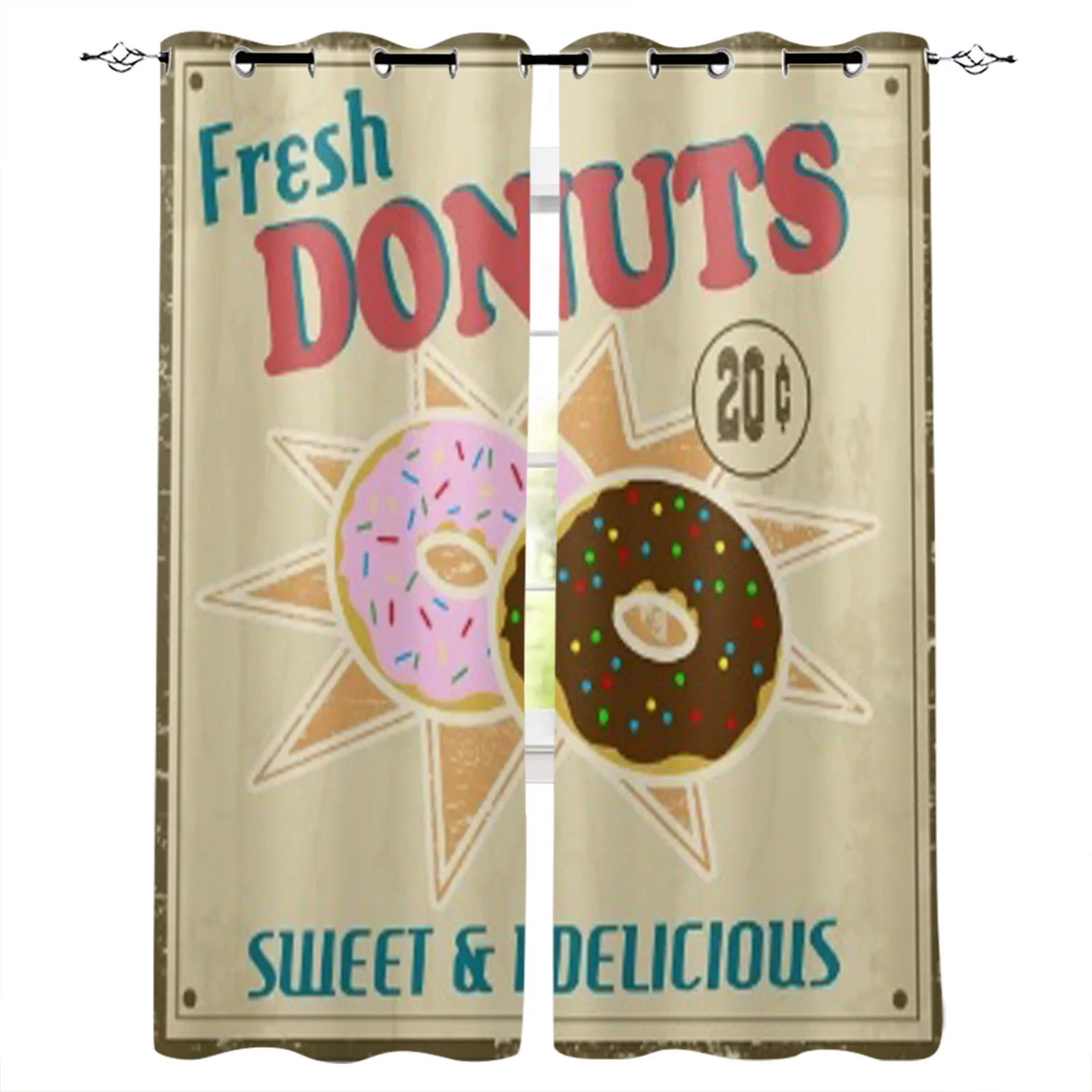 Donuts Vintage Grunge Poster Window Curtains Home Textile Living Room Kitchen Decoration Kids Bedroom Curtains