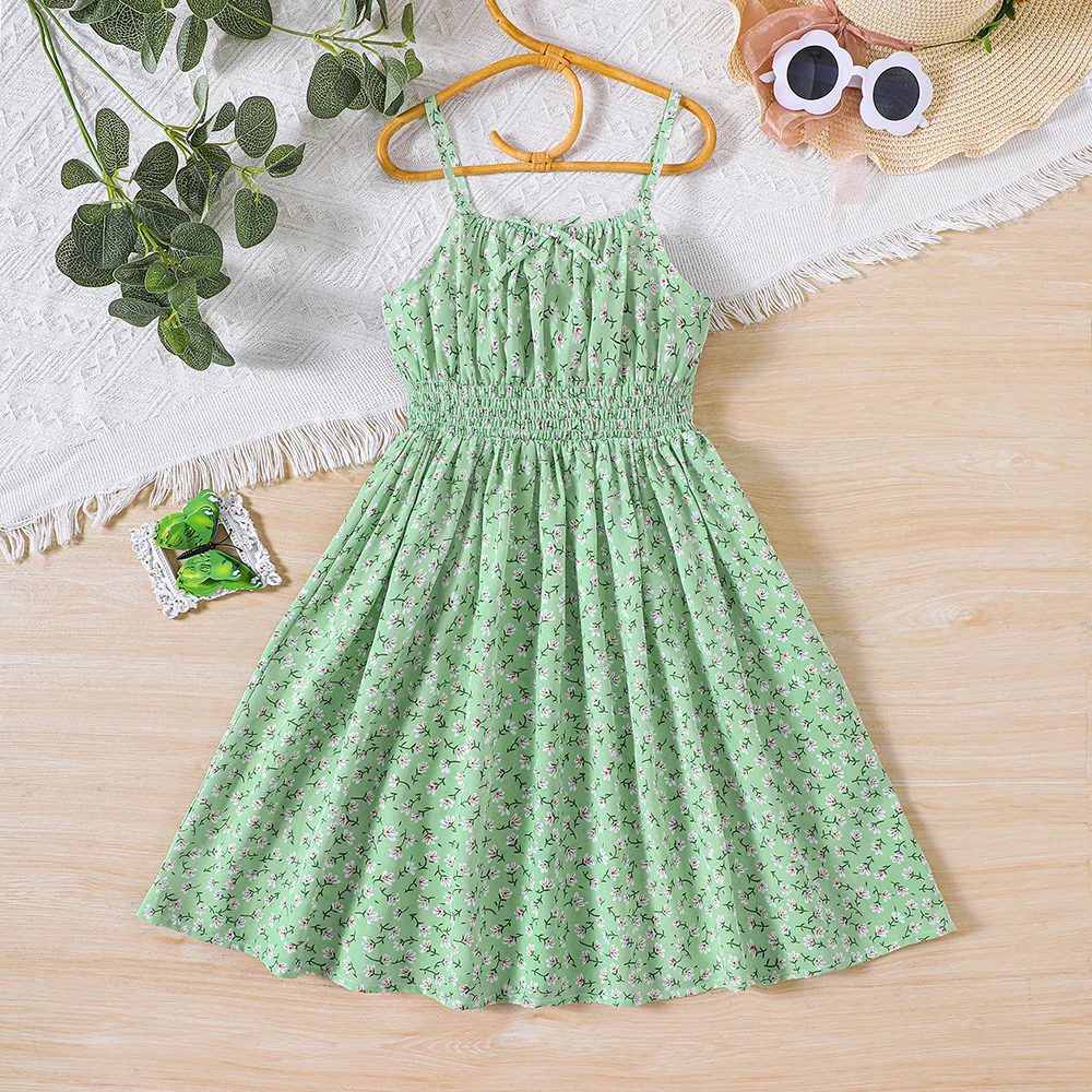 

2024 Summer New Arrival Girls Sleeveless O Neck Print Floral Green Cute Dress Infantil Menina Cute Party Dress Custume 8-12T