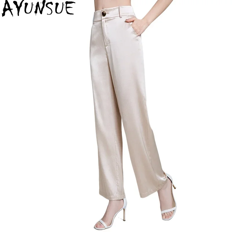 

AYUNSUE 95% Mulberry Silk Women Pants Summer 2024 Office Wear Trousers Womens Fashion Wide Leg Baggy Pants Womans Clothing 바지