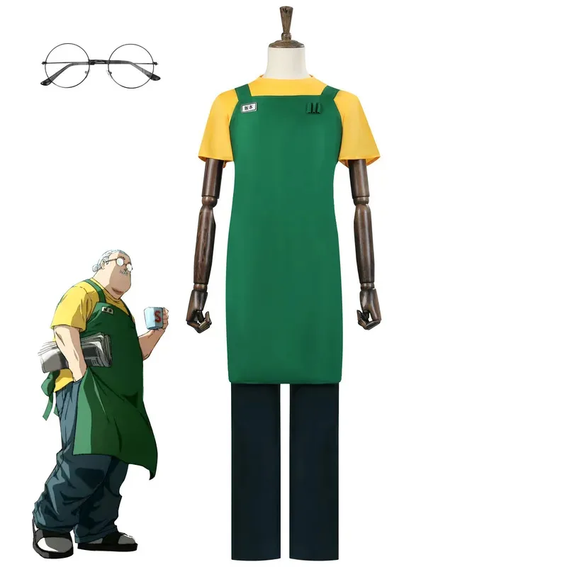 DY20Taro Sakamoto Cosplay Anime Costume Sakamoto Days Yellow T-shirt Green Apron Glasses Halloween Party Women Men FilmStyle25