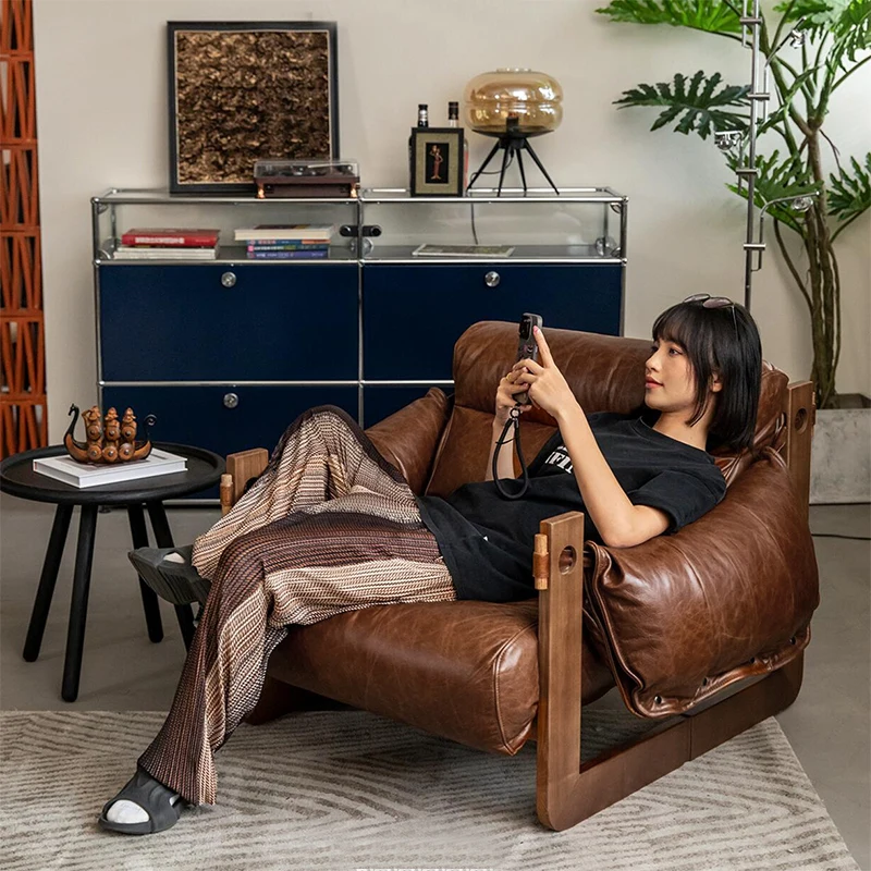 

Wind leather sofa chair casual lazy chair solid wood retro recliner