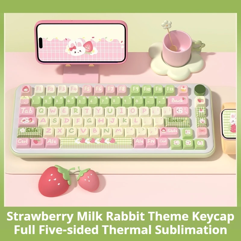 Strawberry Rabbit Theme Keycaps 138/158keys Mda Cherry Profile Pbt Hot Sublimation Mechanical Keyboard Customized Cute Keycaps