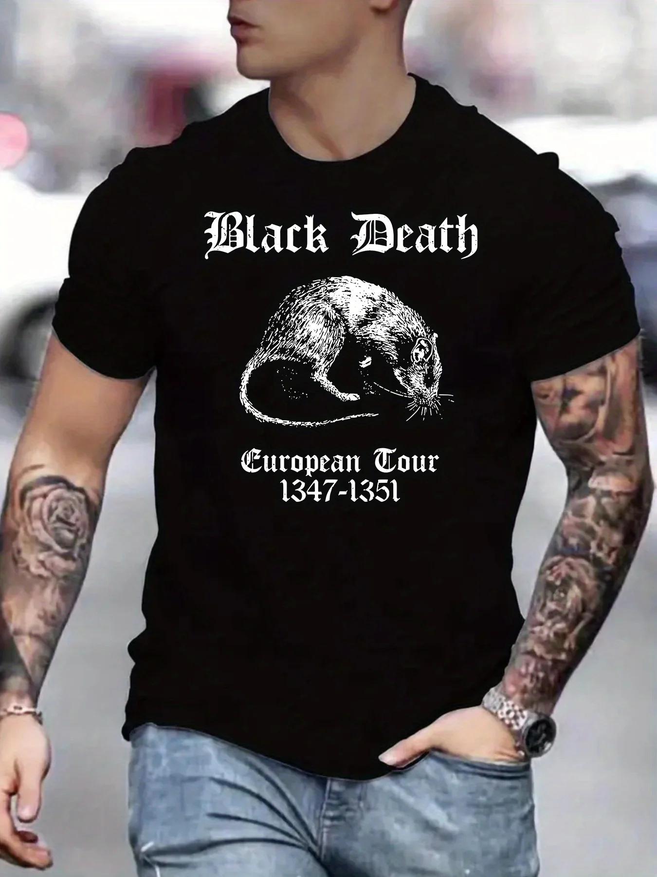 

Футболка Black Death European Tour 1347-1351 с рисунком — повседневная черная футболка с короткими рукавами и винтажным дизайном «Чумная мышь»,