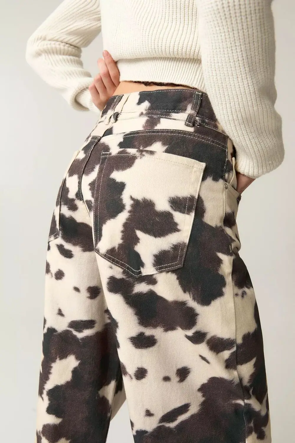 Retro Cow Pattern Distressed Washed Vintage Loose Fit Jeans