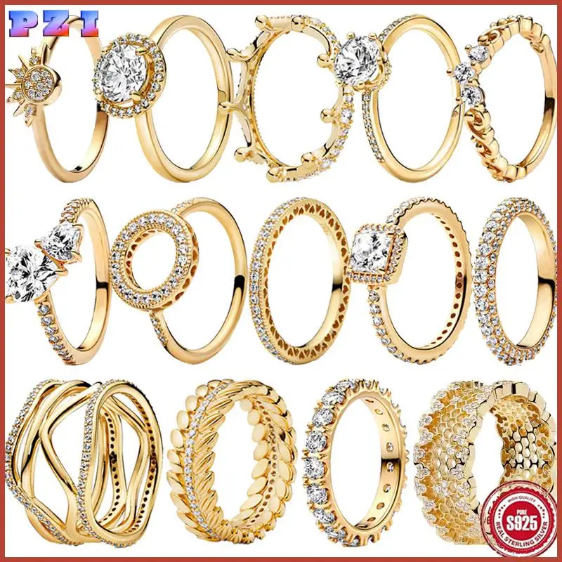 

Classic Gold Color Series 925 Pure Silver Shining Crown Round Square Ring Exquisite Light Luxury Charm Jewelry Surprise Gifts