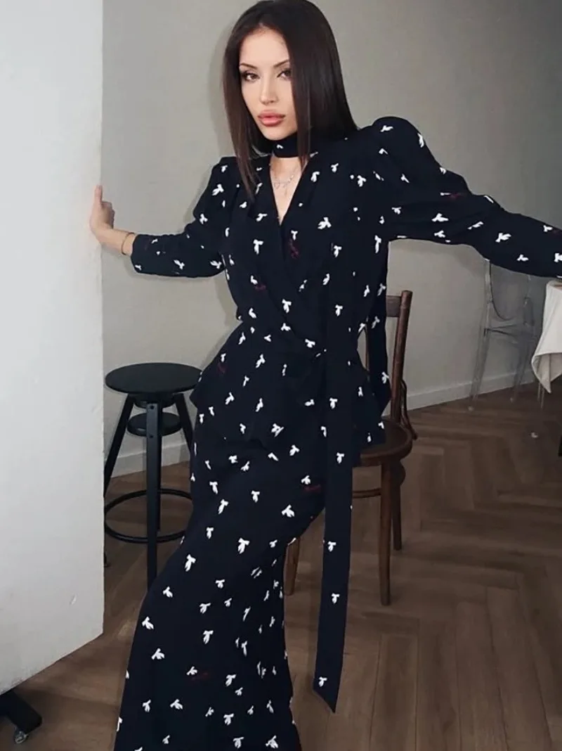 

Woman Clothing Printed Bandage Long Sleeve Tops and Skirts 2 Pieces Set Elegant Female Evening Party Dresses Suitt High Street