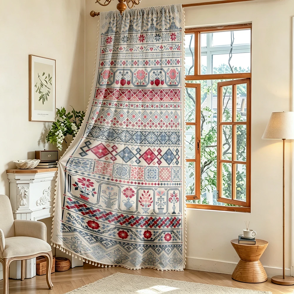 1PC Vintage Tassel Sheer Curtains, Cross Stitch Ethnic Geometric, Digital Print, Linen Polyester, Living Room Bedroom Decor