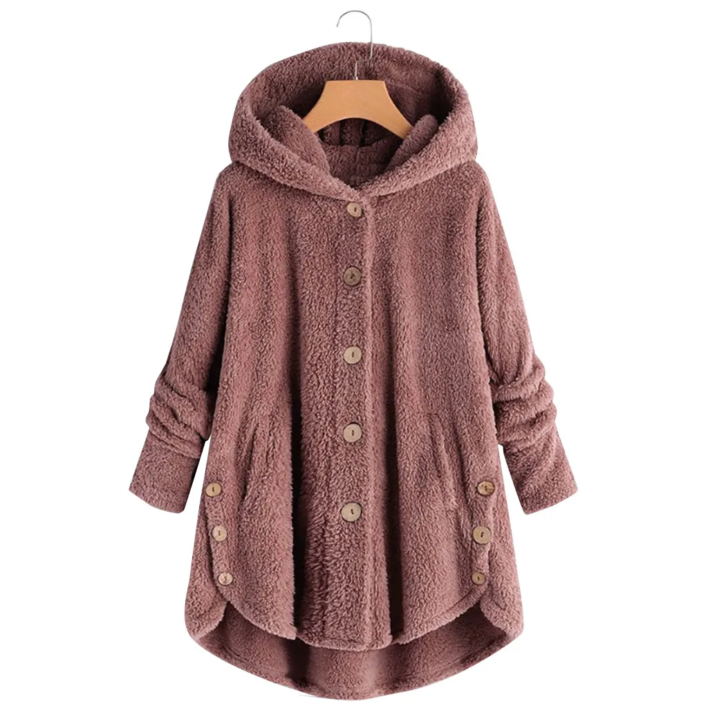 Hoodies Women Plus Size Button Plush Tops Hooded Loose Wool Coat Winter Jacket Keep Warm Pockets Sweatshirts Tops