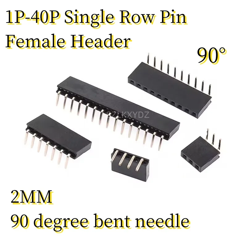 20PCS/LOT 1P-40P 2MM  90 degree bent needle Single Row Pin Female Header  2P/3P/4P/5P/6P/7P/8P/9P/10P/12P/15P/20P/40P