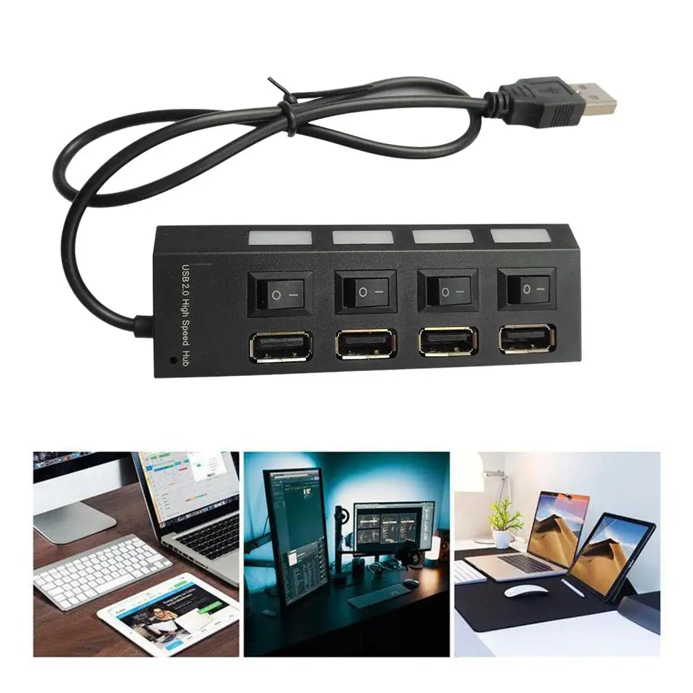 1pcs Hub with Multiple USB Ports USB HUB 2.0 Adapter 4Ports Multiple Expander with LED Lamp Switch for PC Laptop D6B1