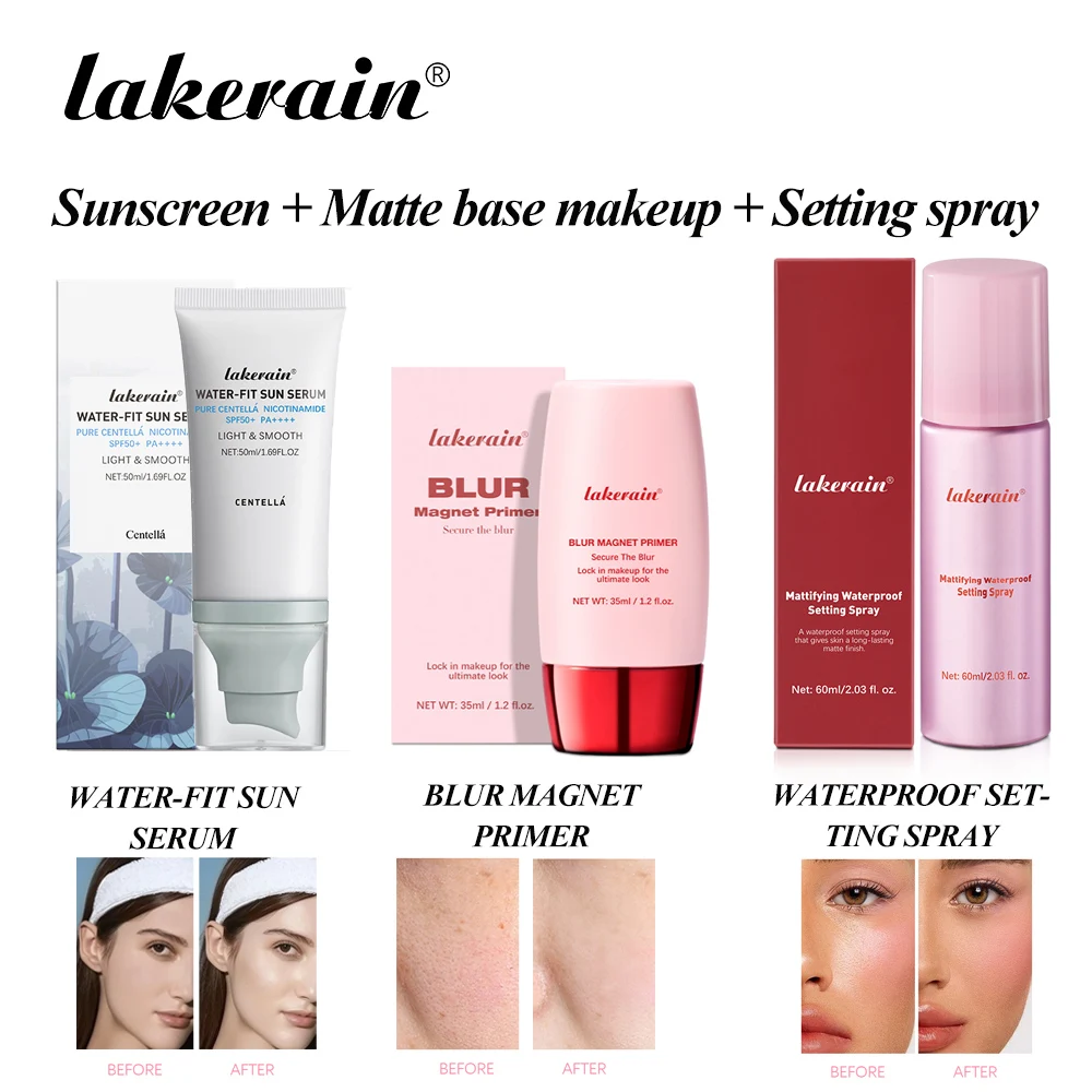 Water-fit Sun Serum & Blur Magnet Primer & Waterproof Matte Setting Spray Set SPF50 Sunscreen Oil Control Matte Makeup Effect