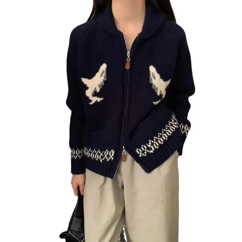 여성용 한국 스타일 만화 티슈 돌고래 라펠 지퍼 니트 카디건, 레트로 스웨터 재킷, 가을 및 겨울 신상