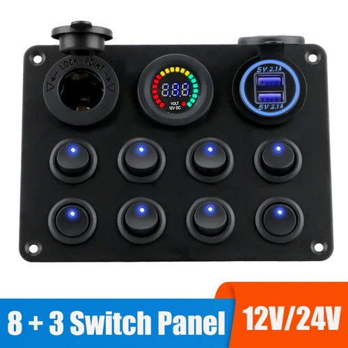 Panel de interruptor de 24V y 12V, 8 botones, cargadores USB, interruptor de luz, palanca de 15A, accesorios de hoja de fusible para coche, camión, barco y caravana