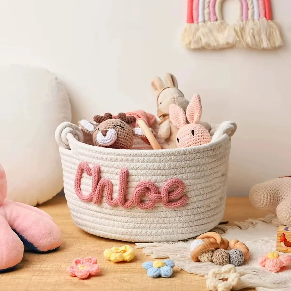 Custom Name Embroidered Cotton Rope Basket, Handmade Round Storage Bin, Personalized Nursery Decor, Baby Shower & Christmas Gift