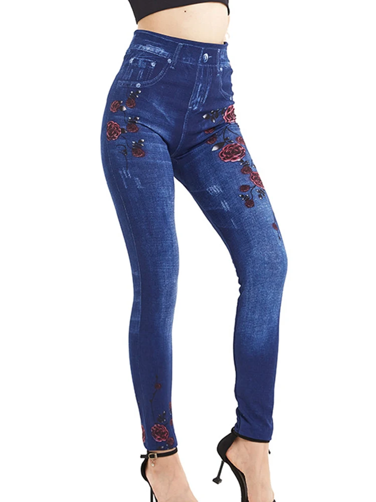 Out Wear Faux Denim Jeans High Stretch Leggins Fitness Yoga Legging Printed Tight Summer Women Pants