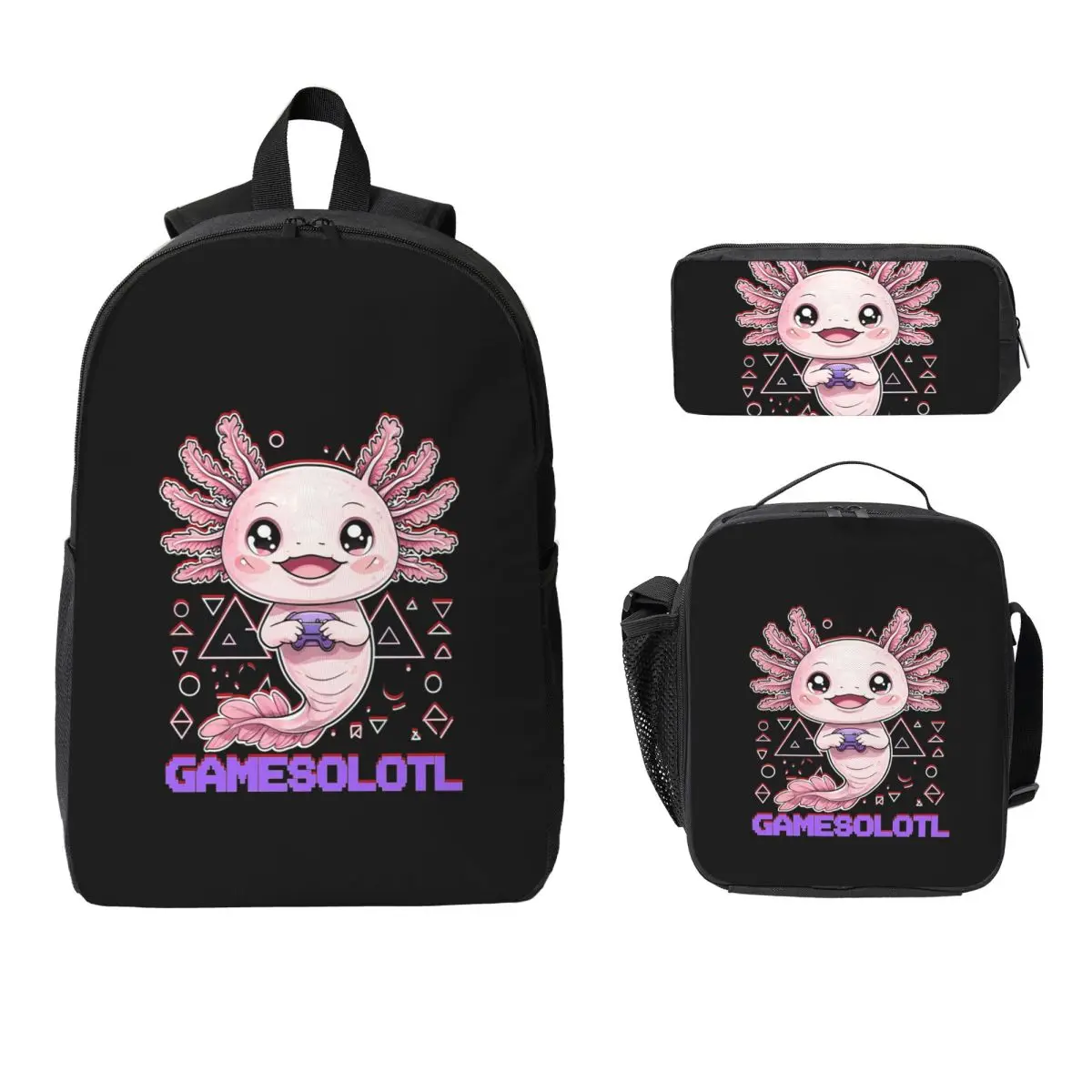 

Gamesolotl Axolotl Video Games Backpack Boys Girls BookBag School Bag Laptop Shoulder Bags 3ps Insulated Lunch Bag Pencil Case
