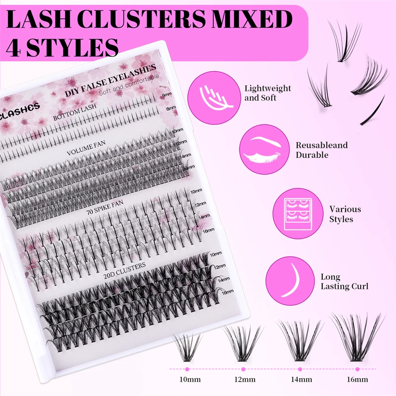 Mix and match of 404clusters 4 styles Naurtal flexible DIY false eyelashes eyelash segment Lower eyelash glue kit set