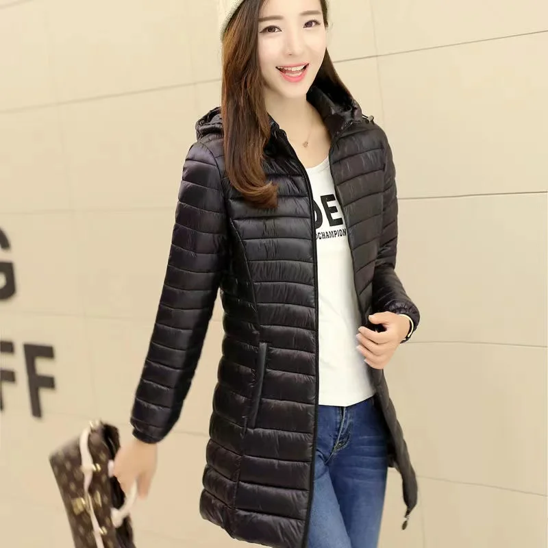 2023 Newautumn Lichtgewicht Donzen Katoenen Jas Dames Jas Effen Capuchon Overjas Vrouwelijke Mid Long Puffer Jassen Casual Tops 6xl