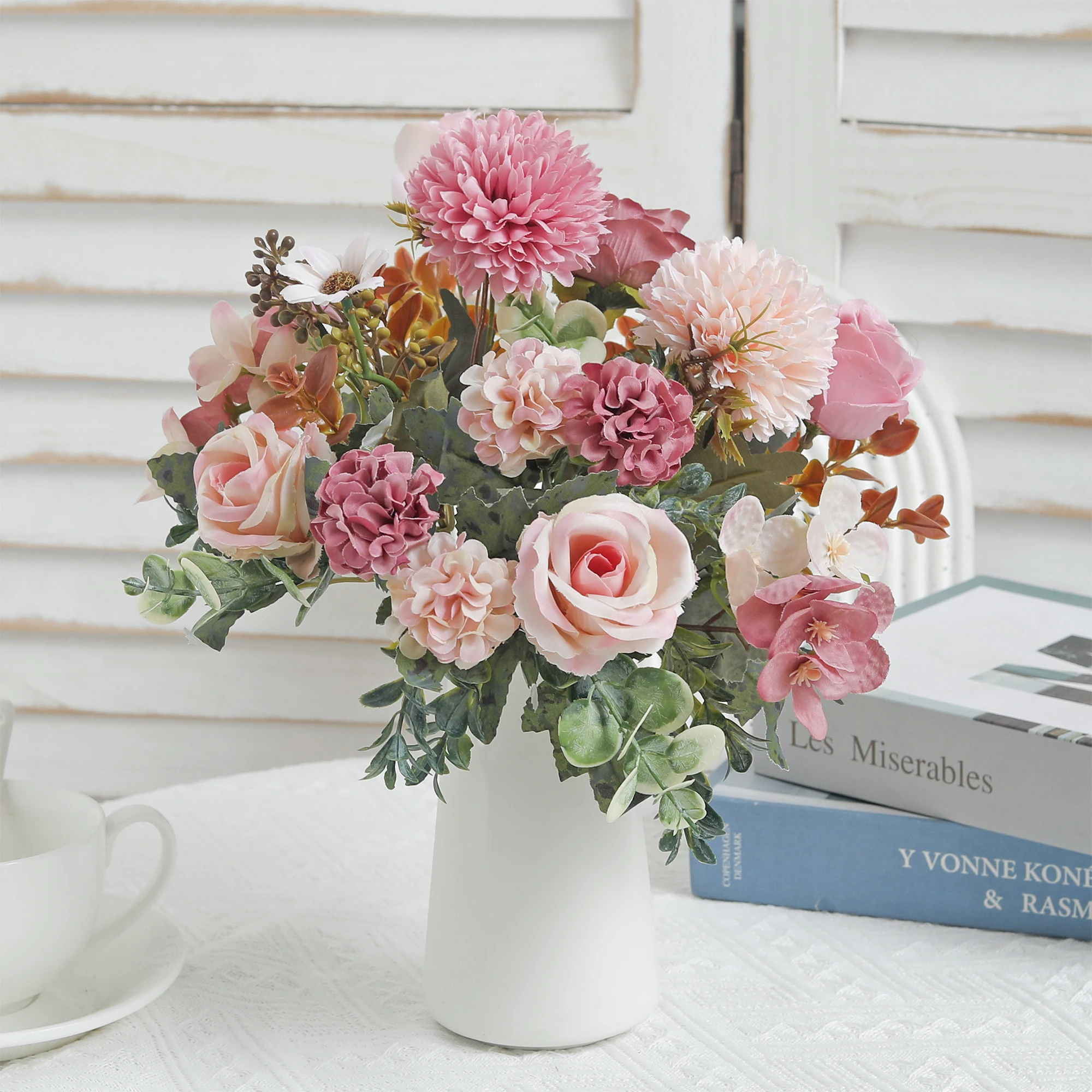 باقة الورد الفاوانيا الزهور الاصطناعية لزفاف العروس اكسسوارات الديكور طاولة غرفة المنزل الحرفية زهرة الهندباء الكوبية