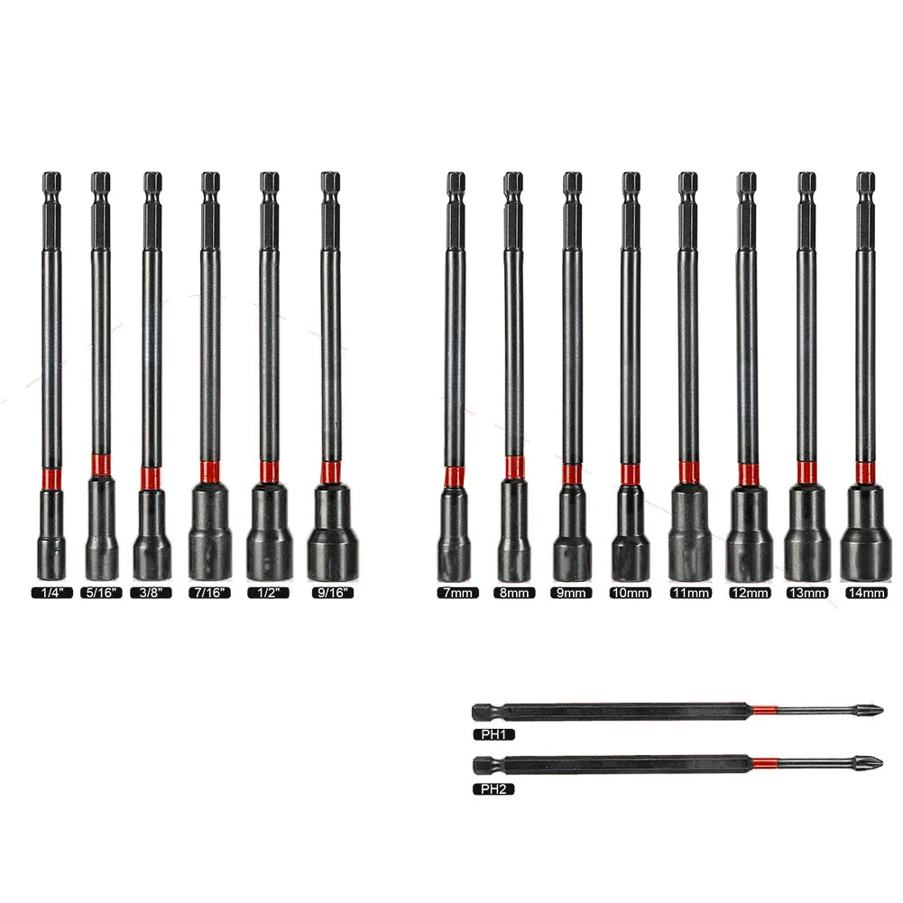 16pcs 6Inch Long Shank Magnetic 1/4inch Hex Shank Nut Driver Kit For Impact Drill Socket Long Magnetic Nut Driver Hand Tools